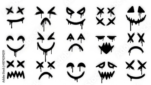 Urban Graffiti Emoticon Faces Vector Illustration Sheet in Black Ink Grunge Punk Street Art Style