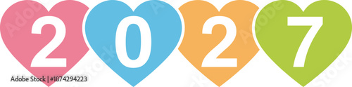 Colorful 2027 heart icons typography design, romantic love themed new year celebration greeting flat vector illustration