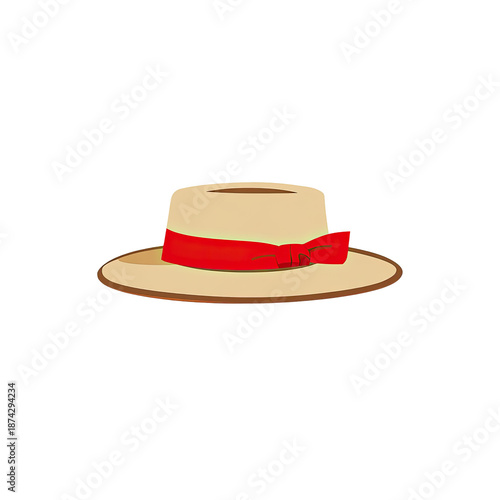A cartoon-style straw hat with a red ribbon tied around it, resting against a black backdrop