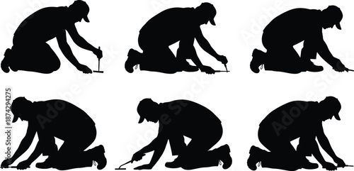 Worker kneeling silhouette vector set, construction measuring marking poses, labor activity illustration isolated background