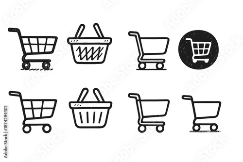 Shopping carts and baskets icon set. Retail and commerce outline icon collection