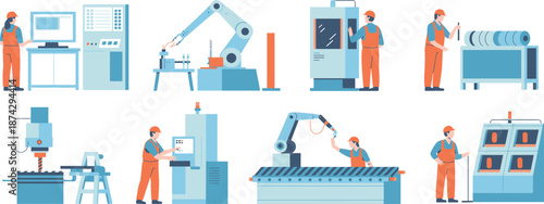 Modern industrial manufacturing process vector illustration showing workers machines robotic arms production lines automation technology for smart factory operations
