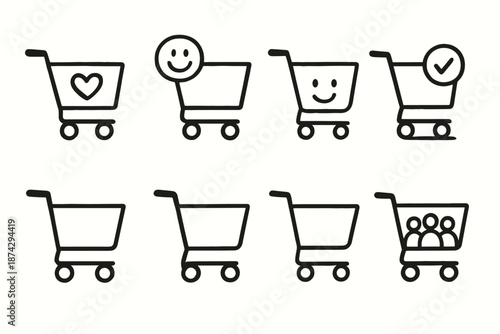Shopping cart outline icon set. E-commerce, online buying symbols in linear style