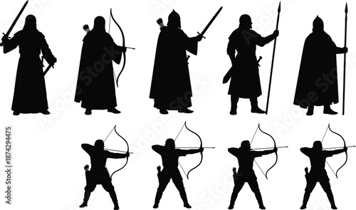 Medieval archer warrior silhouette vector set, sword spear bow poses, historical battle illustration isolated