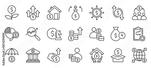 investment outline icon pack collection of business, finance, investment, profit, chart, stock, economy, growth, financial, analysis icon