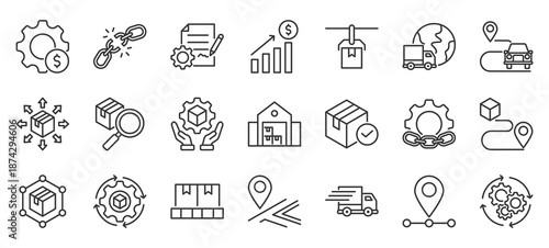 supply chain outline icon pack collection of warehouse, distribution, logistics, cargo, shipping, business, industry, transport, industrial, freight icon