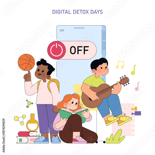 Kids Enjoy Digital Detox Activities Vector Illustration