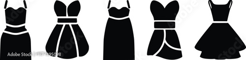 Women Dress Silhouette Icons Set – Elegant Fashion Gowns and Party Dresses Vector Illustration
