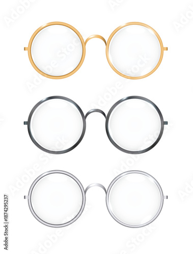 Round Golden, Silver and black frame glasses set isolated, Transparent Sunglasses Accessory. Optics lens vintage Trendy Glasses. Vector