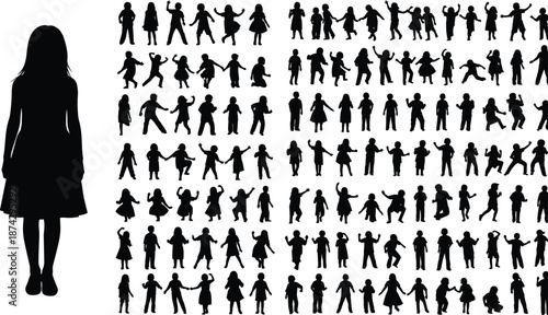 Large girl silhouette, diverse people grid, human interaction poses, social diversity art, abstract design, psychological study, sociological analysis, posture illustration