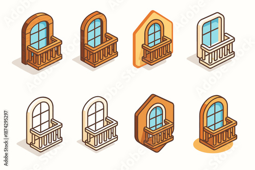 Balcony icon set: charming 3d architectural element icons collection