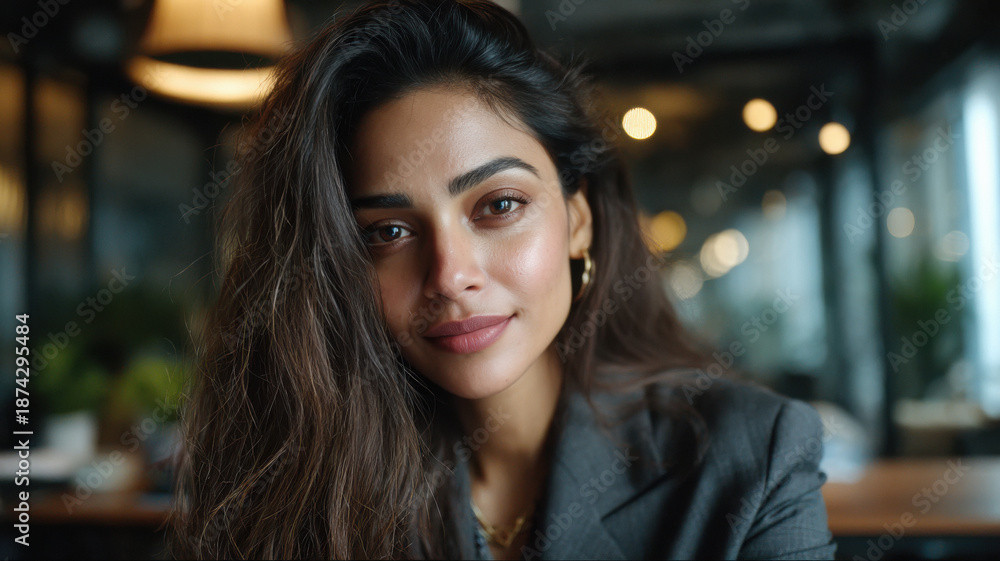 Obraz premium stylized young indian female executive sits in modern office