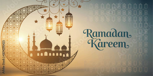 Crescent Moon Mosque Lanterns Celebration Art