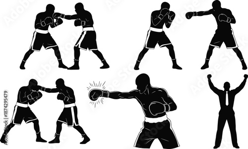 Boxing fighter silhouette vector set, punch action poses, boxing sport illustration isolated on white background