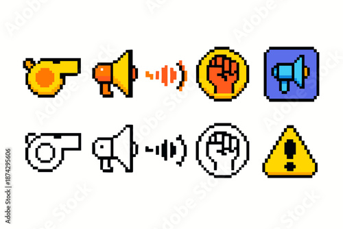 Communication and alert pixel icon set. Whistle, megaphone pixel icons in flat style