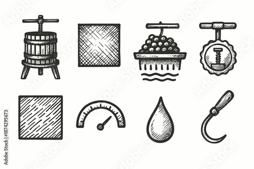 Winemaking, vineyard outline icon set. Harvest, grape processing, agriculture icons collection