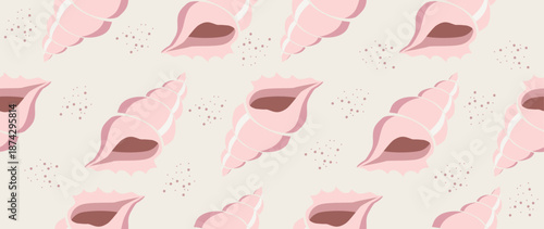 Vector flat illustration. Seamless sea shells. In cartoon style. Cute print. Perfect for gift wrapping, posters, covers, screensavers and textile decor.