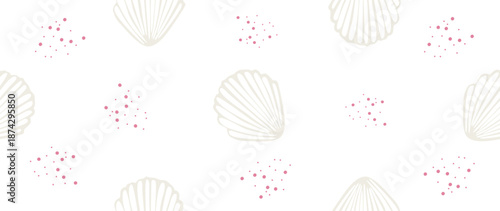 Vector flat illustration. Seamless sea shells. In cartoon style. Cute print. Perfect for gift wrapping, posters, covers, screensavers and textile decor.