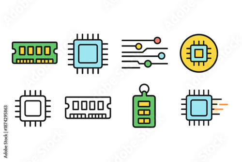 Tech and computing outline icon set with microchip and circuit designs