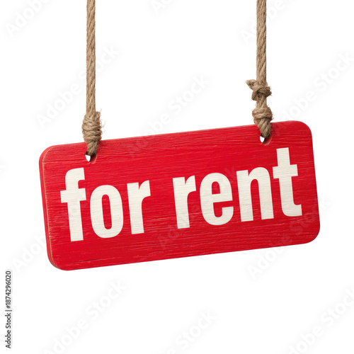 A vibrant red sign hangs from rope, displaying the words 