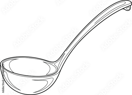 Kitchen ladle spoon outline illustration with long handle, cooking utensil tool for soup and serving flat vector design