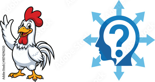 Funny Cartoon White Rooster and Thinking Human Mind Profile Icon with Question Mark for Creative Concept Design.