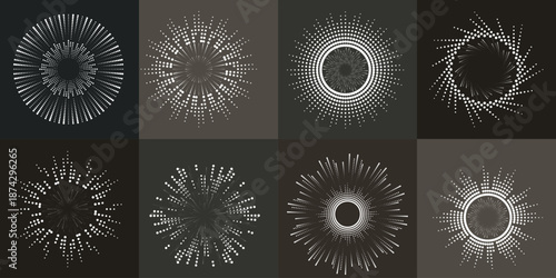Halftone dots circles set, dotted ring and spiral circle shapes for modern design, technology, or motion graphic backgrounds. Dotted round elements, radial spirals, sun symbols and vortex.
