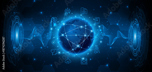 Global connection network background. World map. High-speed internet technology concept or fast wireless data transmission. modern internet network connection technology background