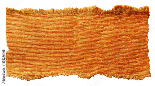 A torn piece of orange fabric with rough, jagged edges, isolated against a black background