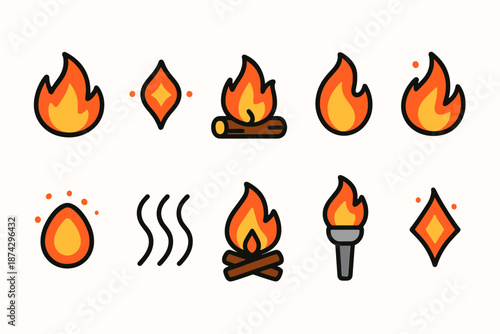 Fire icon set: campfire, flame, torch, smoke, heat elements in flat style