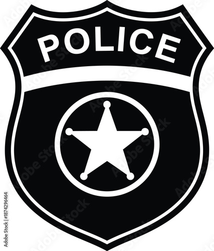 Police badge shield emblem with star symbol, law enforcement authority insignia and security protection flat vector illustration