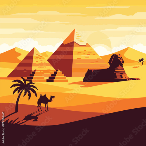 Great Pyramids of Giza and Sphinx in Egypt Desert Landscape Vector Illustration