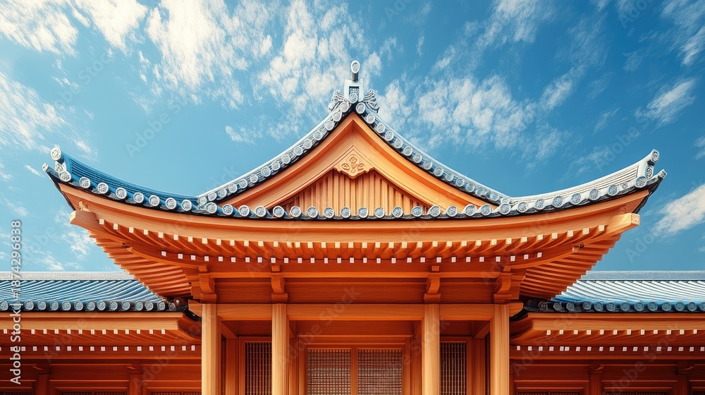 Obraz premium Majestic Orange Rooftop of Traditional East Asian Architecture Beneath a Clear Blue Sky with Decorative Eaves and Detailed Craftsmanship