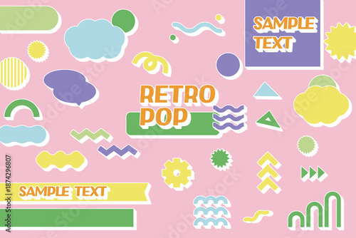レトロでファンシーでポップなモチーフやフレームのセット素材