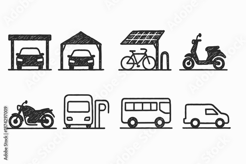 Transportation, vehicle line icon set. Car, bike, bus, scooter outline collection