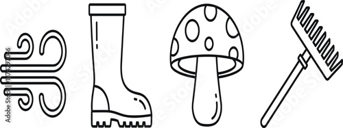 Set of Autumn and Gardening Outline Icons Featuring Wind Rubber Boot Mushroom and Rake for Nature Design.