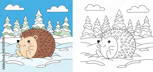 Cute Cartoon Hedgehog in Winter Snow Scene with Pine Trees and Blue Sky, Adorable Forest Animal Character Illustration for Kids Winter Projects and Graphic Design Background Illustration.
