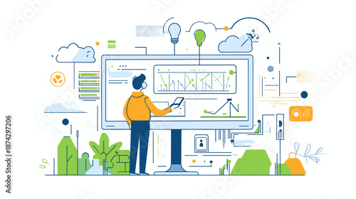 Man analyzing data on large computer screen.