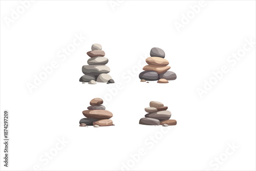 Flat vector illustration of stacked stones in minimalist style, balance and zen concept, natural rocks isolated on white background, calm, harmony, meditation and stability theme.