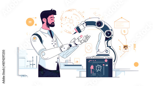 Man Interacting with Robotic Arm Technology.