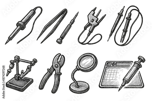 Electronics tools outline icon set. Soldering, repairing equipment collection