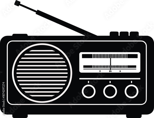 Vintage portable radio icon with antenna and tuning dial, classic audio broadcast device flat vector illustration