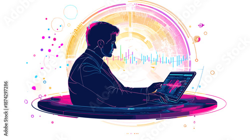 Man Silhouette Using Laptop Computer Technology.