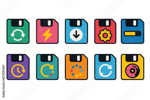 Technology, data management flat icon set. Digital storage, tech tools flat icons collection