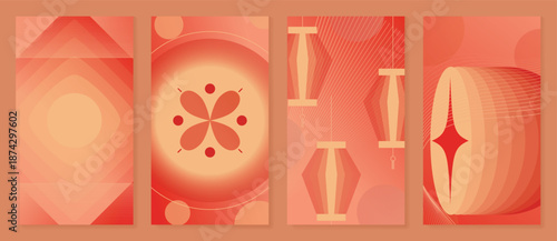 Happy Chinese New Year vector background set with lantern, coin, gold line, pattern on red orange gradient. Festive holiday design for banners, posters, invitations and packaging.