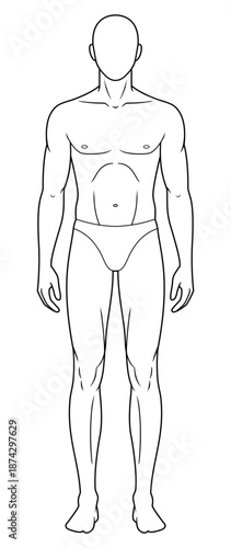 Basic 9-Head Male Fashion Figure Template. Man Body Croquis for Fashion Illustration and Technical Drawing. Front View. Neutral Standing Pose.
