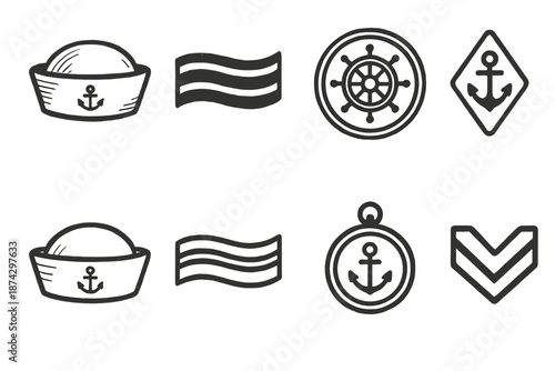 Nautical maritime outline icon set. Sailor, sea, navigation, anchor symbols.