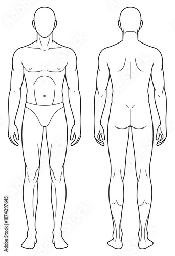 Basic 9-Head Male Fashion Figure Template. Man Body Croquis for Fashion Illustration and Technical Drawing. Front and Back View. Neutral Standing Pose.
