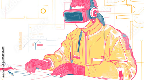 Person Wearing Virtual Reality Headset Working.