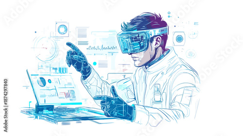 Scientist Using Virtual Reality Headset with Laptop.